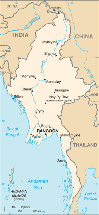 Schematic map of Myanmar (Burma)