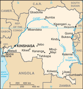 Schematic map of Democratic Republic of the Congo