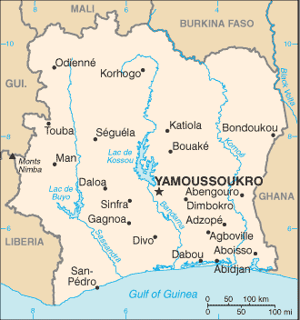 Schematic map of Cote d'Ivoire